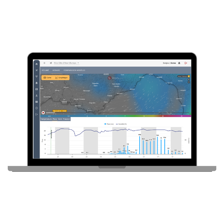 Visuel de l'application Previmeteo Airside Manager, services météo pour les opérations aéroportuaires